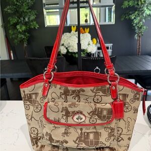 Coach Beige Signature Canvas Shoulder Bag with Red Leather Trim